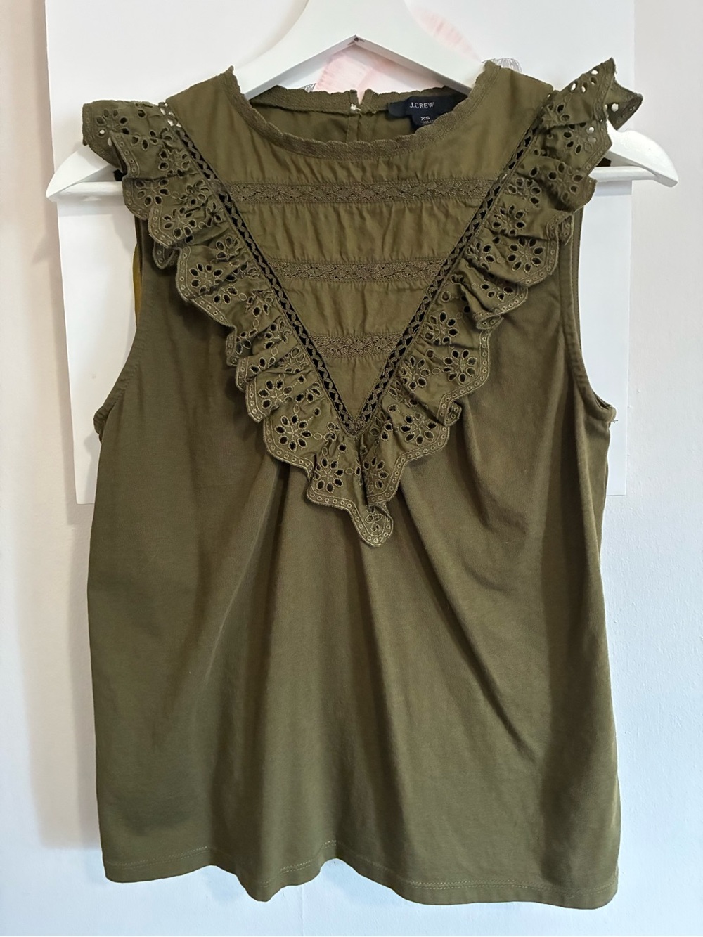J. Crew Olive Green Eyelet Ruffle Sleeveless Camisole
